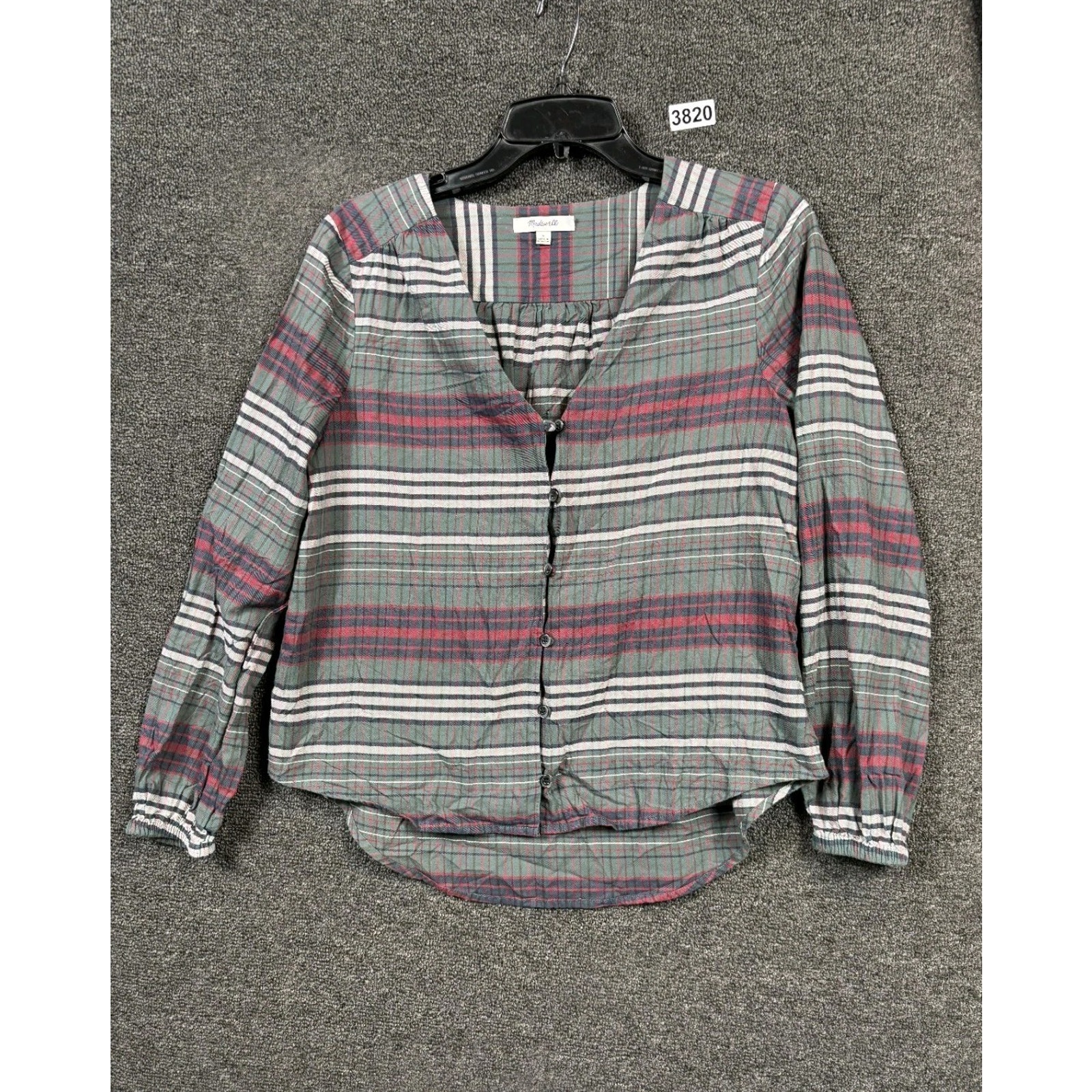 Madewell Top Womens Size S Gray Black Plaid Button Up V-Neck Long Sleeve